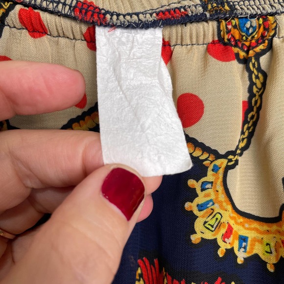 Retro Vibe Colorful Knee Length Patterned Slip Skirt Tan Navy Red 40 - Picture 5 of 9